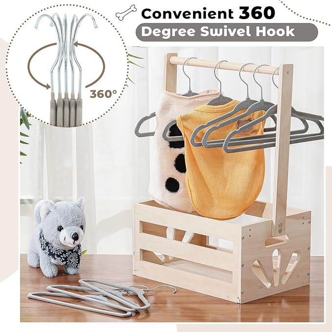 Weysat 12 Pcs Gray Dog Clothes Hangers 11'' Non-Slip & 360° Swivel Velvet Small Pet Hangers for Cats/Dogs with Rustproof Metal Hooks, Space-Saving for Home Storage & Grooming Salons Minimalism