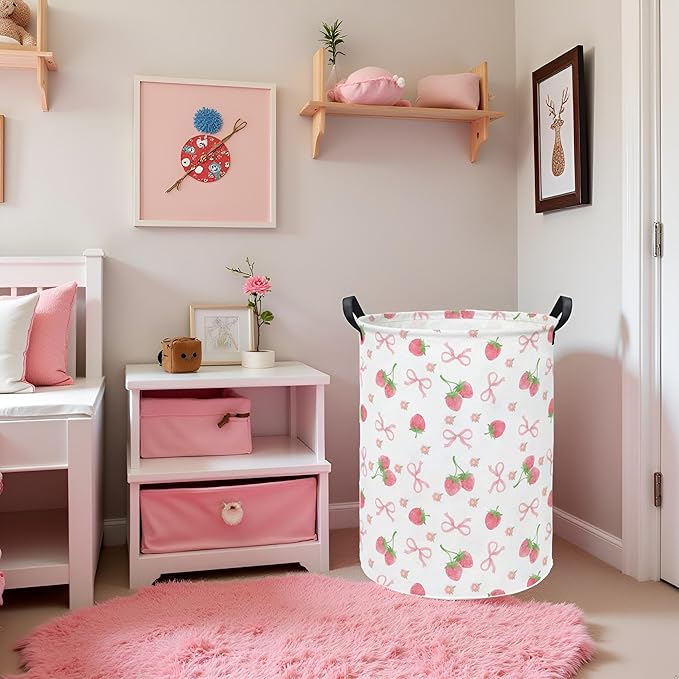 Baby Laundry Hamper kids laundry Basket Waterproof Storage Bin for Bedroom Toy Clothes Organizer Basket Woodland Animals Room Décor(Bowknot Strawberry)