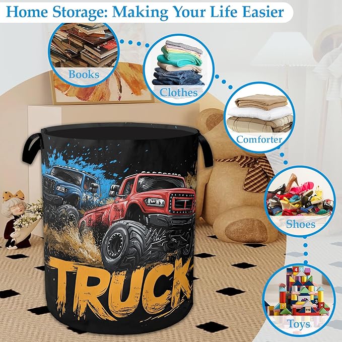 Trucks Laundry Basket Collapsible Laundry Hamper Clothes Toy Storage Bin for Bathroom Bedroom Room Decor 16" X 20.8"