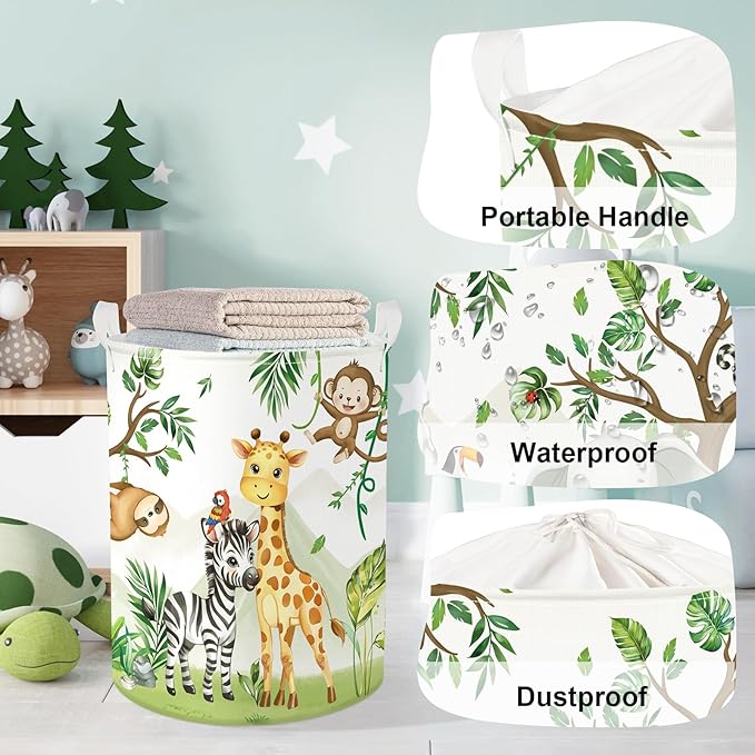 Forest Animals Laundry Hamper Woodland Tree Large Storage Basket Parents Organizer Kids Clothes Toy Bins for Bedroom, Bathroom, Elephant, 63L