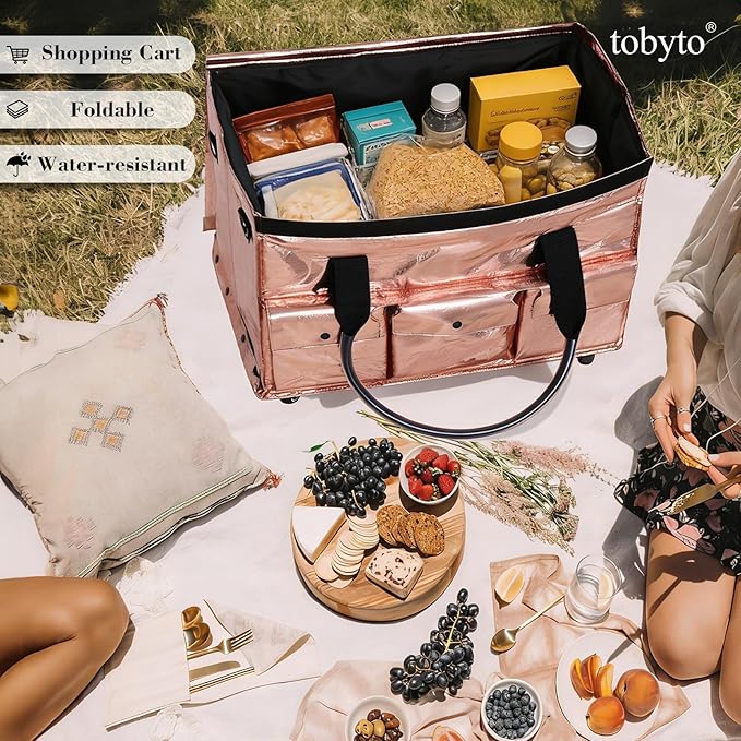 tobyto Reusable Grocery Bag on Wheels, 105L Foldable Rolling Tote, Shopping Trolley 66LBS Capacity - Water-Resistant for Laundry, Picnic, Storage & Travel