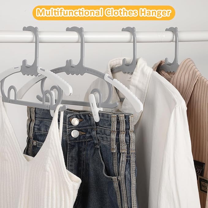 50 Pack Plastic Hangers with 16 Clips, 11-15 inch Adjustable Clothes Hanger, Durable & Non-Slip, Space Saving Coat Hangers for Pants, Jackets and Dress (Grey)