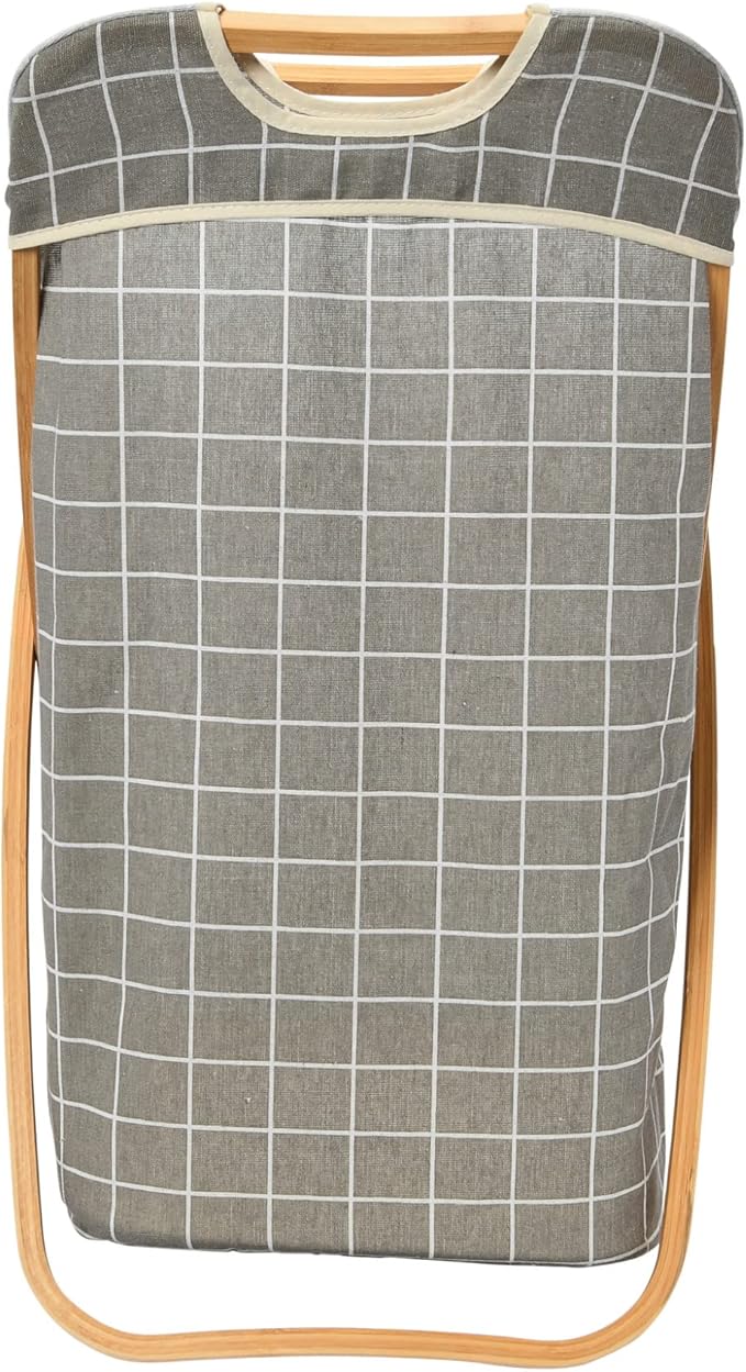Household Essentials Bamboo X Frame Hamper with Grid Pattern, Gray
