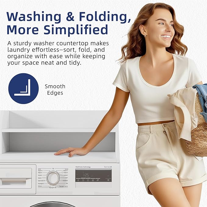 2 Tiers Washer Dryer Countertop, 54" Width x 27.5" Depth Laundry Countertop Organization, Wooden Washer and Dryer Topper for Folding, Sorting & Ironing, Easy to Install, White