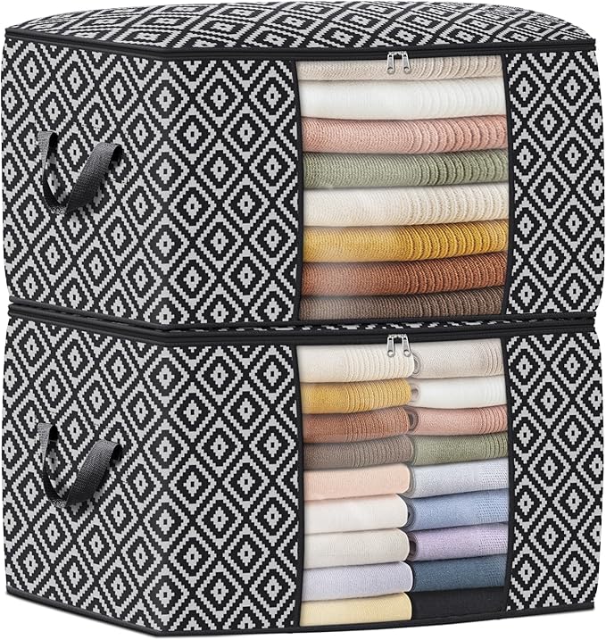 Direct 100L, 2 Pack, Storage Containers, Large Clothes Storage Bins Foldable Organization and Storage Bags with Reinforced Handle, Clear Window for Bedding, Blankets, Clothing, Black