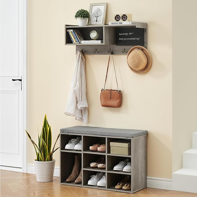TrailBlaze Hall Tree Shoe Bench Industrial, 31.5 Inch 6 In 1 Coat/Shoe Rack With 5 Hooks 9 Storage Cubbies With Small Blackboard and Bookshelf for Entryway Hallway Living Room (Gray)