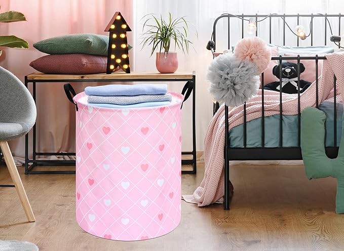 KUNRO Round Heart Valentine's Laundry Gift Basket Storage Hamper, Clothes Storage Organizer Bins, Shelf Basket with Handles for Room Decor