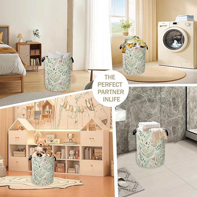 Spring Green Leaves Laundry Hamper,Rustic Wildflower Herb Clothes Hamper for Laundry,Waterproof Oxford Toy Storage Collapsible Hampers for Bedroom, Dorm Room,Bathroom,16x20 Inch