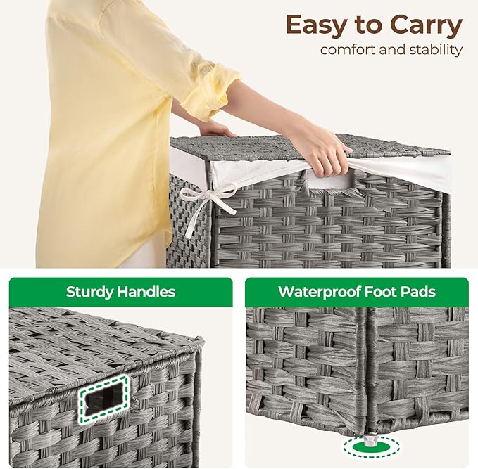 GREENSTELL Storage Basket with Lid, 42.3 Gallon(160L) Lagre Wicker Blanket Storage Basket with Handles, Foldable, 2 Removable Liner Bags, Metal Frame, for Bedroom, Laundry Room, Grey,30"*18.1"*18.1"
