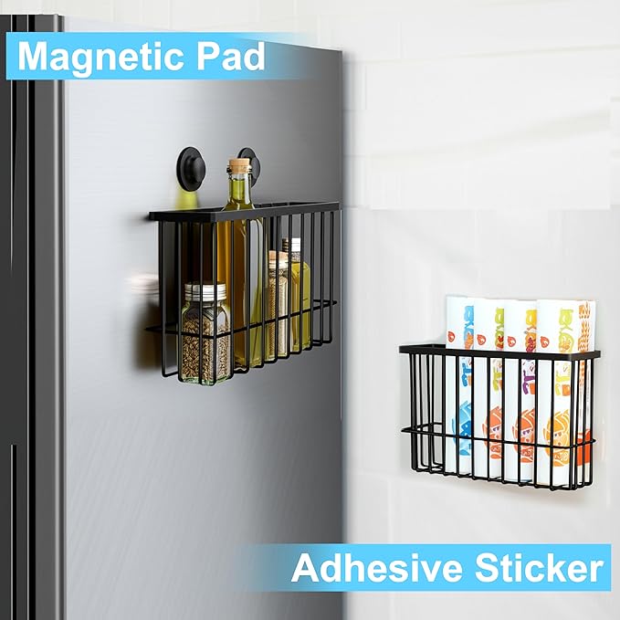 2 Pack Magnetic Basket, Magnetic Dryer Ball Holder for Laundry Room Dryer Ball Organization with 4 Caddy Adhesive Stickers, Cabinet Door Organizer for Kitchen Wrap Food Bag Tin Foil Storage, Black