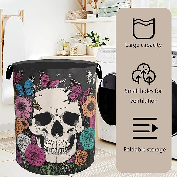 Skull Gothic Laundry Hamper - Foldable Waterproof Fabric Laundry Basket with Handles, Clothes Storage for Laundry,Bedroom,Dorm