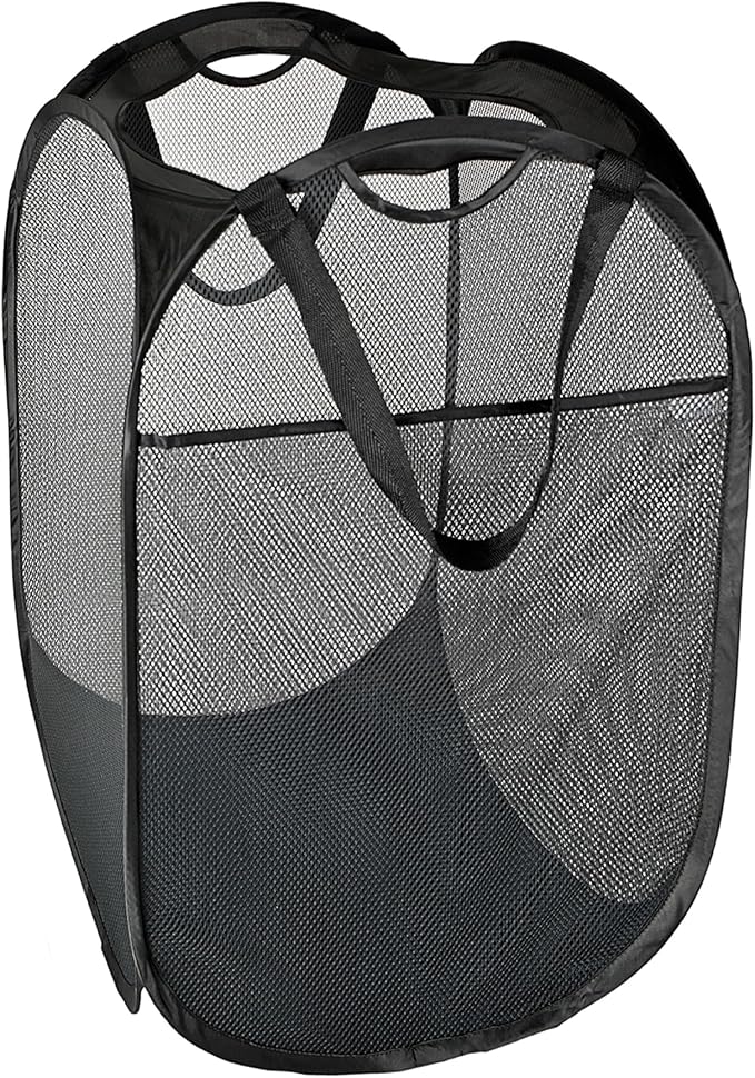 Smart Design Deluxe Mesh Pop Up Square Laundry Hamper w/ Side Pocket & Handles - VentilAir Fabric Collapsible Design - for Clothes & Laundry - Home - (Holds 2 Loads) (14 x 23 Inch) [Black]