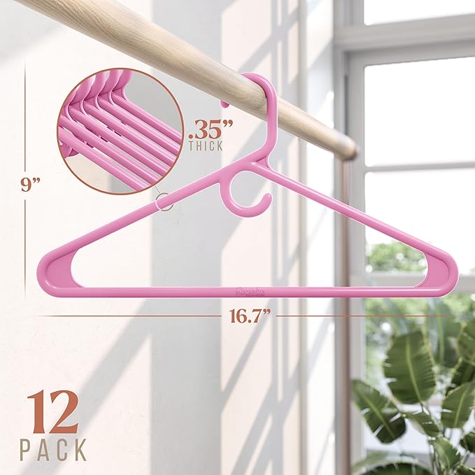 NEATERIZE Ultra Heavy Duty Plastic Clothes Hangers - Pink - Durable Coat, Suit and Clothes Hanger. Perchas De Ropa (12 Pack - Pink)