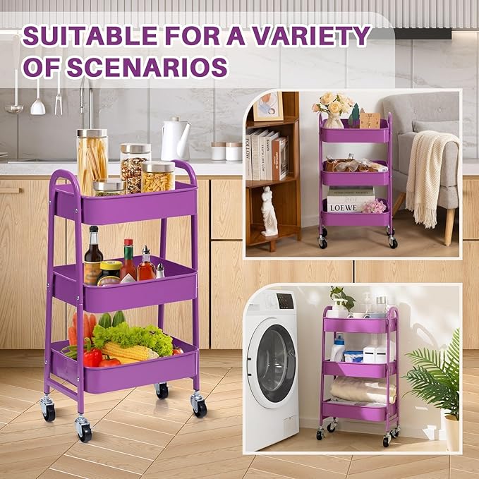 AGTEK 3 Tier Utility Rolling Cart with Lockable Wheels, Metal Multifunctional Storage, Organizer Cart for Kitchen, Office, Living Room, Makeup, Craft, Art Studio, Violet
