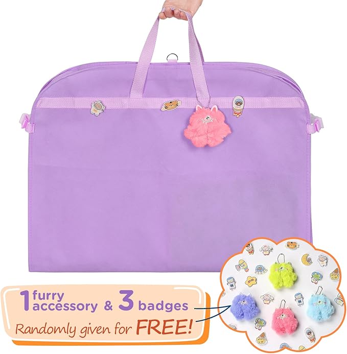Univivi Purple Dance Costume Bags Garment Bag 40 Inch for Dance Competitions, 3 Medium Clear Zipper Pockets and 2 Back Zippered Pockets, with 1 xPendant, 3 x Badge（2 Pack）