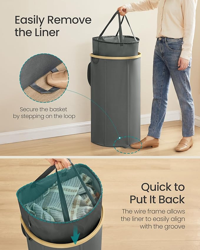 SONGMICS Laundry Hamper, Laundry Basket with Lid, 23.8 Gal. (90 L), with Removable Liner Bag, for Laundry Room, Bedroom, Living Room, Slate Gray and Light Bamboo ULCB547G01