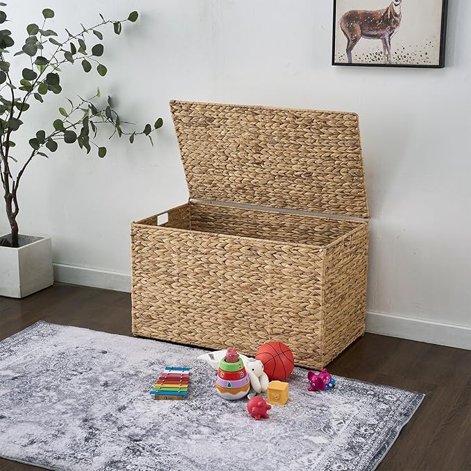Water Hyacinth Storage Basket with Lid, 42.3 Gallon (160L) Blanket Storage Basket with Handles, Woven Storage Bin, Foldable, Metal Frame, for Bedroom, Laundry Room, Natural