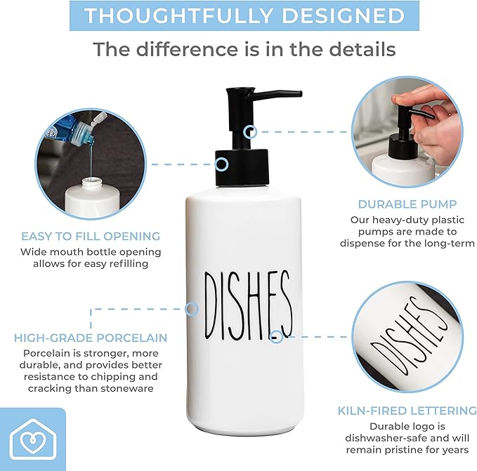 Heartland Home Porcelain 16oz Kitchen Soap Dispenser. Detergent Dispenser or Dish Soap Dispenser for Kitchen Sink. White Soap Dispenser, Modern Farmhouse Decor Dish Soap Pump for Kitchen Organization