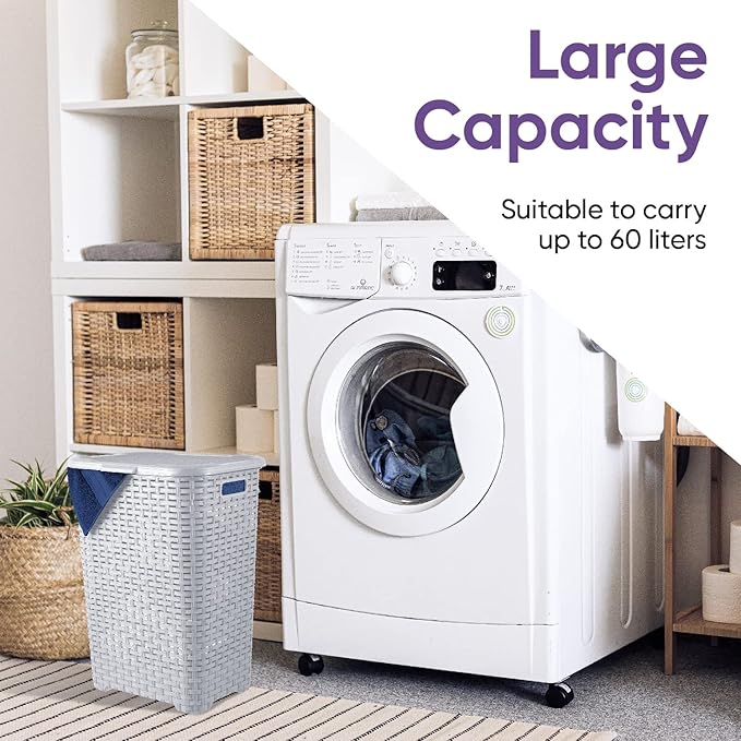 Plastic Laundry Hamper with Lid 3 Pack Laundry Hamper Basket, White Smoke Tall Cloths Hamper Organizer with Cut-out Handles. Space Saving for Laundry Room Bedroom Bathroom, Wicker Design 60 Liter