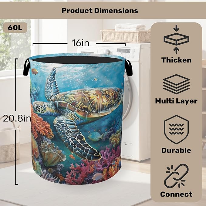 Sea Turtle Foldable Canvas Laundry Basket with Handles - Storage Organizer, Heavy Duty for Home，Bedroom, Dorm, Bathroom
