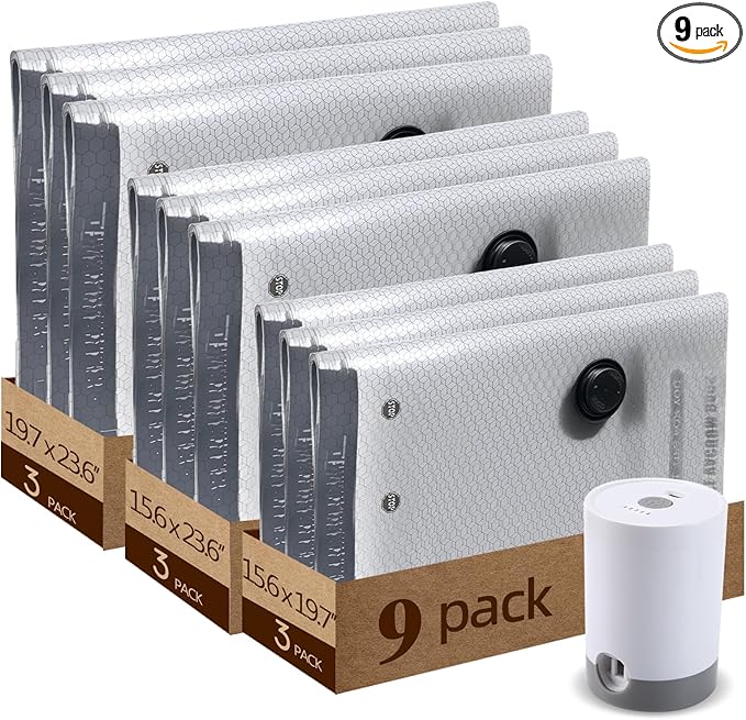 9 Packs Jumbo Vacuum Storage Bags With Vacuum Pump, Extra Large Vacuum Compression Bags For Clothes Bedding, Space Saver Bags For Luggage Suitcase, Travel Packing Organizers