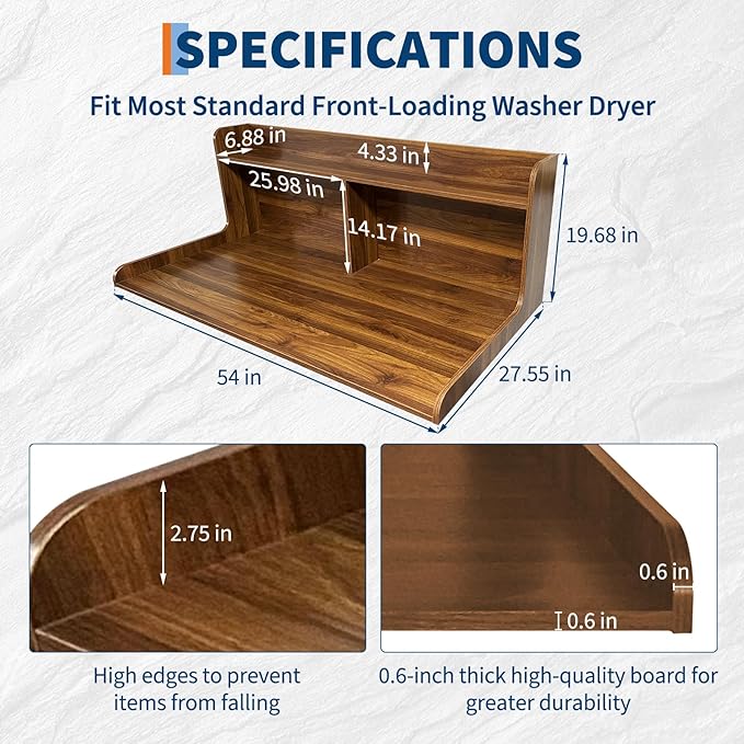 2-Tier Washer Dryer Countertop, 54" W x 27.55" D Laundry Countertop Organization with Non-Slip Pad, Wooden Washer and Dryer Topper for Folding Clothes, Laundry Room Storage