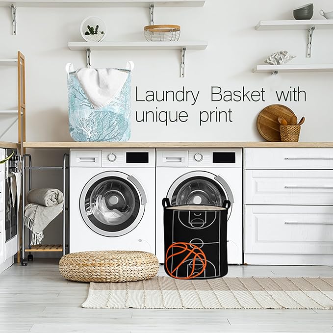 Basketball Boys Laundry Basket with Lining Kids Round Black Basketball Laundry Hamper Clothes Storage Bin Basket Organizer for Boy Room Decor