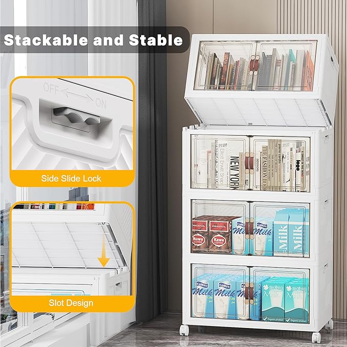 Extra Large Stackable Storage Bins, Lockable Storage Bins with Lids, Folding Storage box with Doors and Wheels, Collapsible Plastic Drawers for Home, Garage, Office (8, White, Medium)