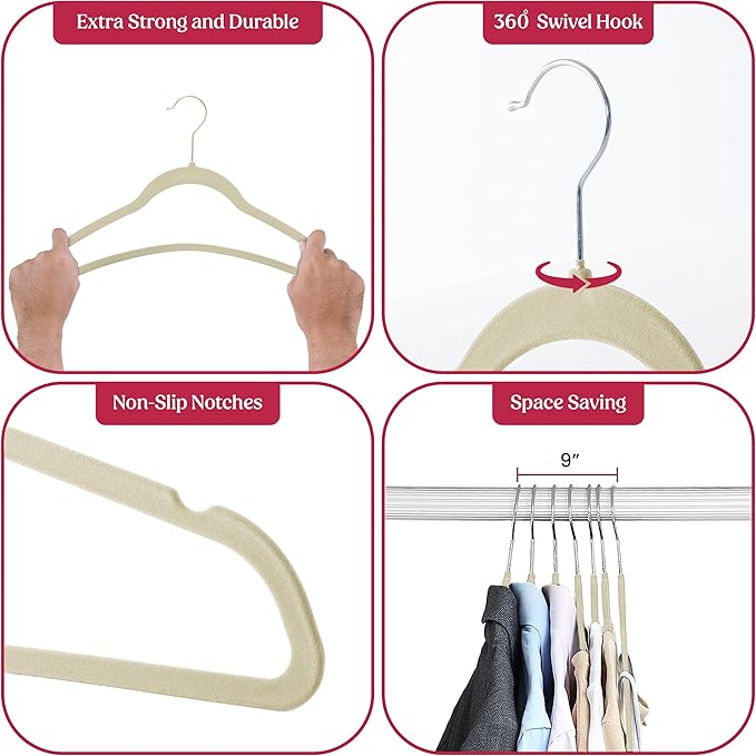LDC Ivory Velvet Hangers 100 Pack - Premium Non-Slip Clothes Coat Pants Felt Hanger for Closet - Heavy Duty Space Saving 360° Swivel Hook Hangars – Ivory