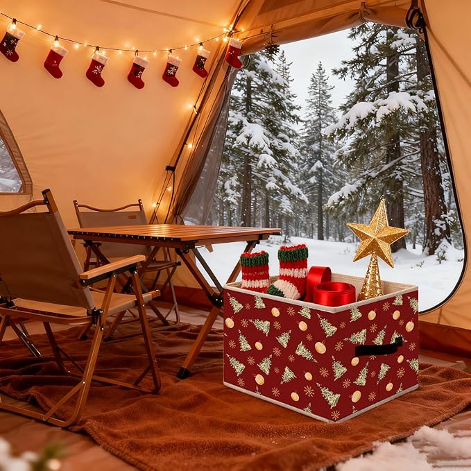 Christmas Tree Storage Bins, Red Christmas Bauble Winter Snowflakes Holiday Foldable Closet Organizers Storage Basket Toybox for Clothes Bed Sheets Blankets Toys