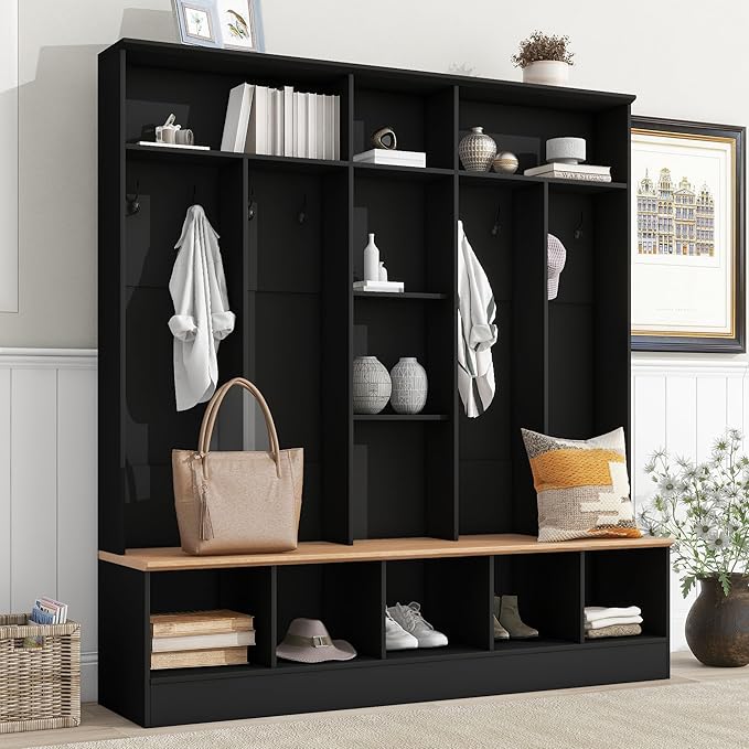 4-in-1 Wide Design Hall Tree with Storage Bench, Minimalist Shoe Cabinet with Cube Storage & Shelves, Multifunctional Coat Rack with 8 Hooks for Entryways Mudroom