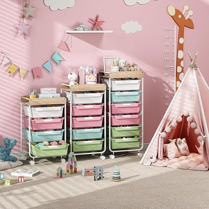 APEXCHASER Plastic Drawer Organizers with Wheels, 4-Tier Rolling Storage Cart with Wooden Top, Plastic Drawer Unit for Kids’ Toys, Office Supplies, Nursery Essentials, and Laundry Storage,Colorful