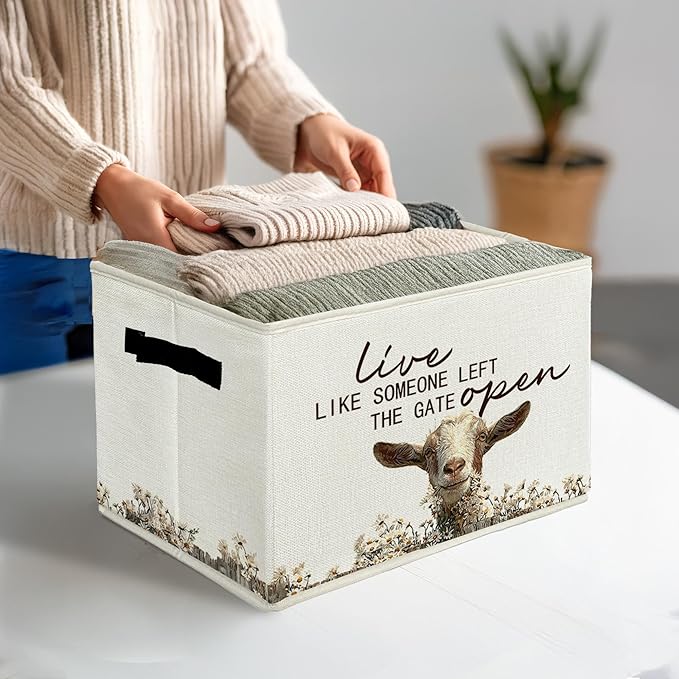 Rustic Goat Storage Bins & Boxes with Handles, Farmhouse Goat Foldable Basket for Organizing, Live Like Someone Left the Gate Open Collapsible Storage Basket for Bedroom Bathroom Clothes Toys