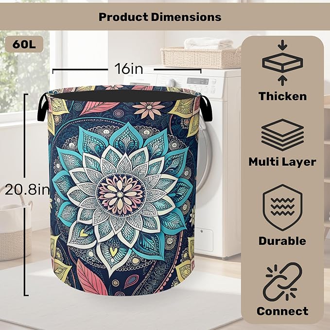 Bohemian Blue Flowers Laundry Basket, Dirty Clothes Basket, Water Resistant Foldable Hamper for Women, Storage Basket for Bedroom, Bathroom, Clothes