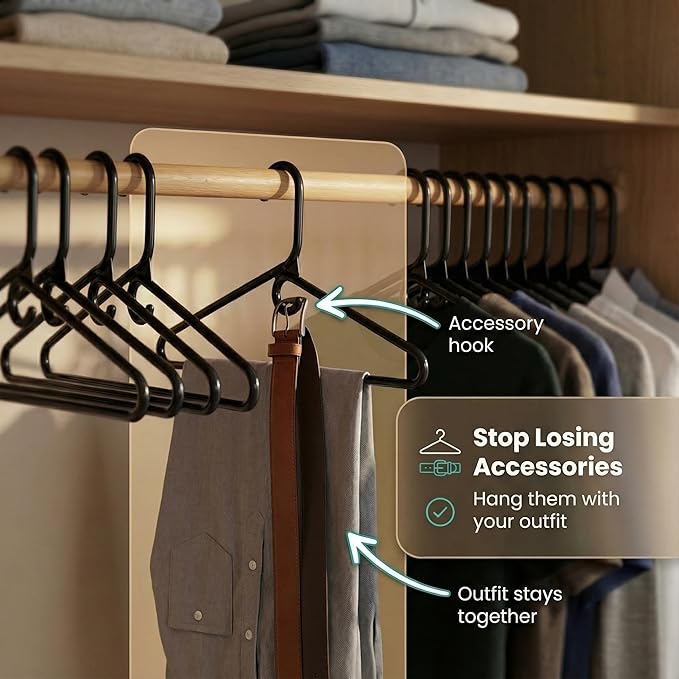 DEILSY™ Black Heavy Duty Hangers with Hooks for Scarves & Belts – Thick and Strong Clothes Hangers for Shirts, Jackets, Pants, and Dresses – Space-Saving Plastic Hangers – Pack of 10