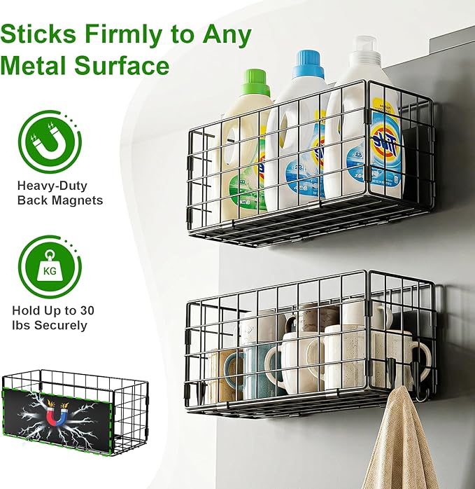 Enkrio 2 Pack Magnetic Basket for Laundry Room & Fridge Side, Large Metal Fruit Potato Onion Storage Bin with Strong Magnets & Hooks, Magnetic Organizer Shelf for Refrigerator