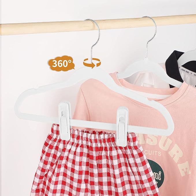 Tinfol Kids Velvet Hangers 30Pack, 14inch White Non-Slip Childrens Felt Hangers - Small Space Saving Clothes Hanger with 6pc Velvet Clips for Toddler' Clothes
