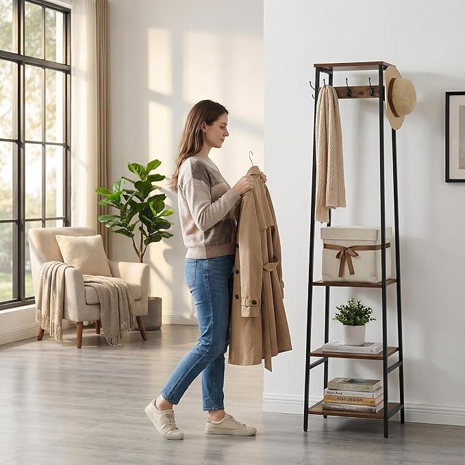 Coat Rack Freestanding, Coat Stand with 3 Shelves and 7 Hooks, Hall Tree Free Standing, Clothes Rack Stand Organizer, Industrial Style, Rustic Brown and Black