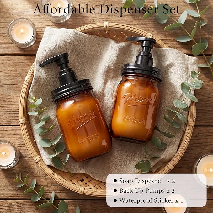 Amolliar Plastic Mason Jar Soap Dispenser with Pump Lid,16OZ Refillable Hand Soap Dispenser Set with Cute Lables - Farmhouse Decor for Kitchen Bathroom, Liquid Soap, Dish Soap, Lotion (2 Pack, Amber)