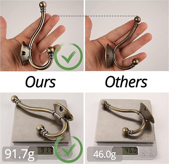 HASWARE 6 PCS Double Prong Robe Hook, Large Dual Coat Hooks with 12 Pieces Screws Wall Mounted Hooks Robe Antique Hooks Hangers Heavy Duty for Home Coats Hat Clothes Hanger Towel Keys (Satin Nickel)