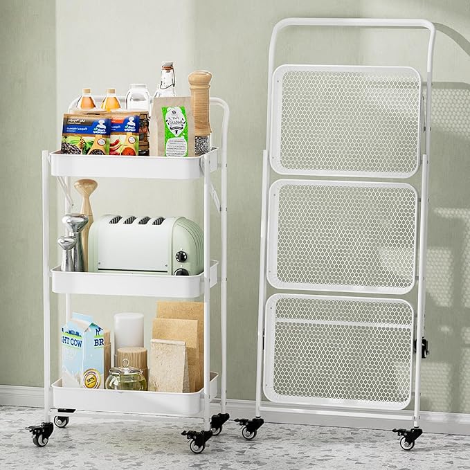 JAQ Foldable Rolling Cart, 3-Tier No Assembly Metal Utility Cart with Handle, Heavy Duty Folding Storage Trolley Organizer on Wheels for Kitchen, Office, Craft Art, Baby Diaper, Snacks, Books, White