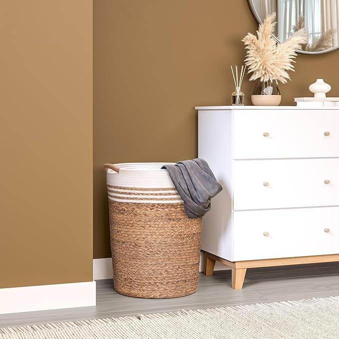 Seville Classics Premium Natural Handwoven Portable Laundry Bin Basket with Carrying Handles, Household Storage for Clothes, Linens, Sheets, Hamper with Liner, White