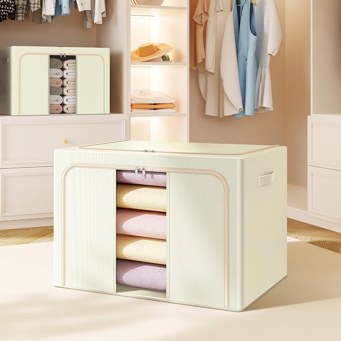 Clothes Storage Bins with Metal Frame Foldable Storage Box Clothes Organizers Storage Containers for Clothes Sheets Blankets Books Toys Gifts and Holiday Decorations (24Lx3 Pack) Beige