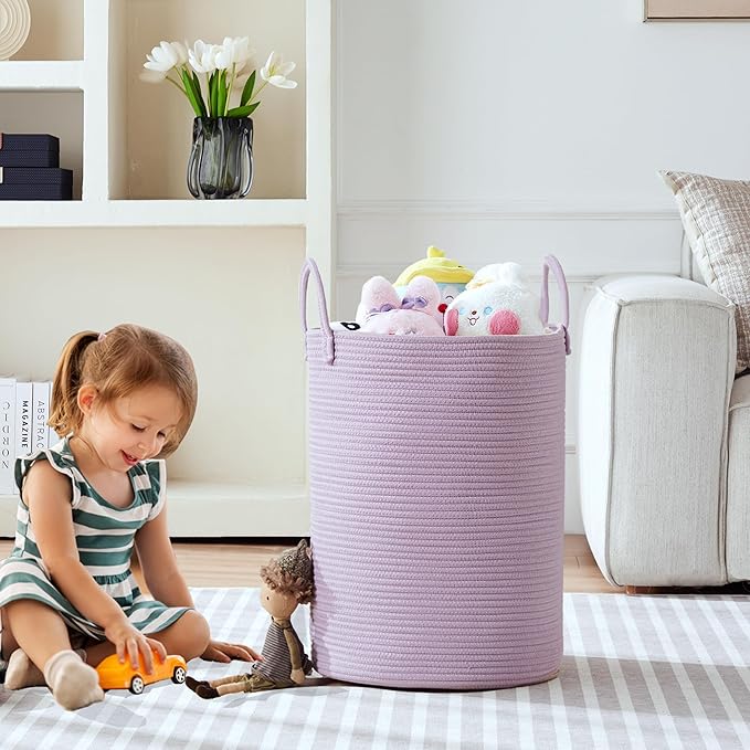 60L Large Purple Hamper Laundry Basket for Nursery Kids Tall Lavender Blanket Basket for Girls Cotton Rope Lilac Clothes Hamper in Bedroom 15Dx20H inches