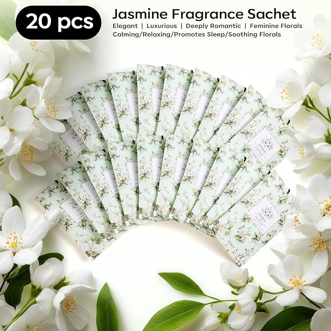 MYARO 20 Pack Jasmine Scented Sachets - Fresh Drawer & Closet Air Freshener Bags, Odor Eliminator for Bathroom, Lingerie Drawers, Car & Travel