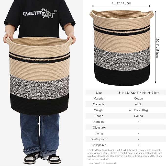 Sea Team Large Size Cotton Rope Woven Storage Basket with Handles, Laundry Hamper, Fabric Bucket, Drum, Clothes Blankets Organizer for Kid's Room, 18 x 20 inches, Round Open Design, Flaxen & Black