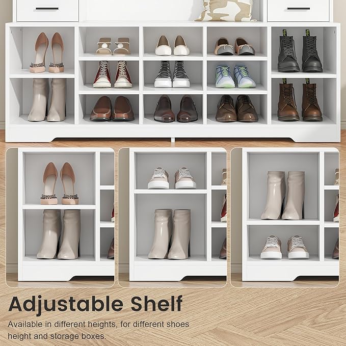 61.6" H White Hall Tree with Bench and Shoe Storage, 6-in-1 Multi-Functional Entryway Bench with 2 Drawers, 5 Coat Racks, Shoe Rack with 13 Shoe Cubbies, Entryway Storage Organizer, White
