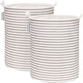 Sea Team 2-Pack 19.7 Inches Large Sized Waterproof Coating Ramie Cotton Fabric Folding Laundry Hamper Bucket Cylindric Burlap Canvas Storage Basket (19.7", Grey & White Stripe)
