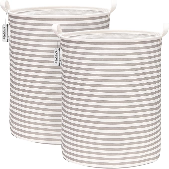 Sea Team 2-Pack 19.7 Inches Large Sized Waterproof Coating Ramie Cotton Fabric Folding Laundry Hamper Bucket Cylindric Burlap Canvas Storage Basket (19.7", Grey & White Stripe)