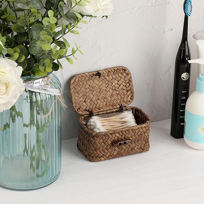 Seagrass Basket Bin with Lid Mini Size Handwoven Wicker Storage Container Storage Basket Decorative Desktop Organizer for Shelf Bathroom Home Decor, 4.3"x2.5"x2.1"